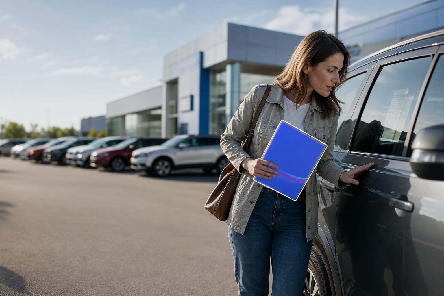 A woman on a dealership forecourt inspecting a new SUV, the car's brochure in hand.
