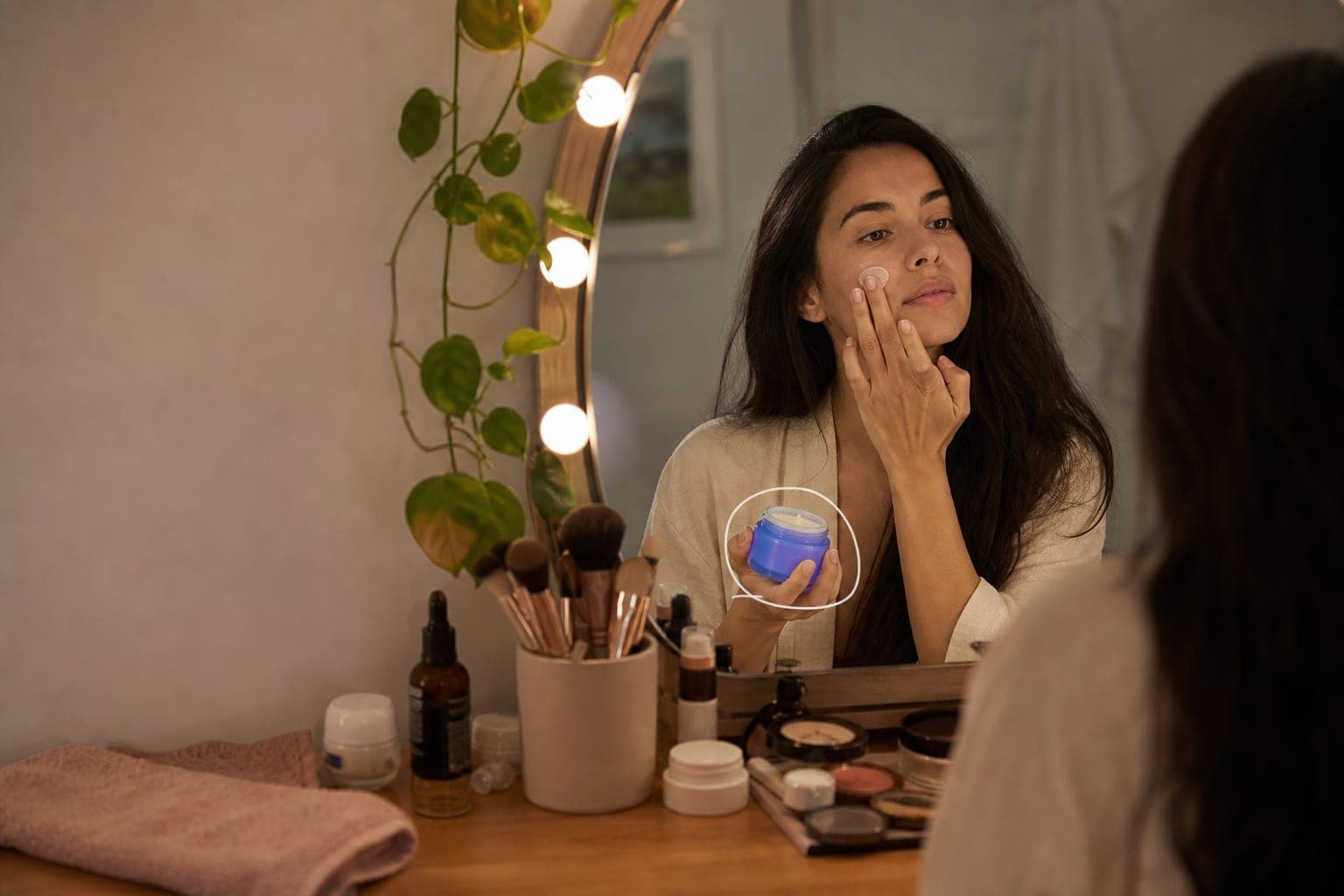 A woman at her dressing‑table mirror applying and appraising a beauty product among her everyday cosmetics.