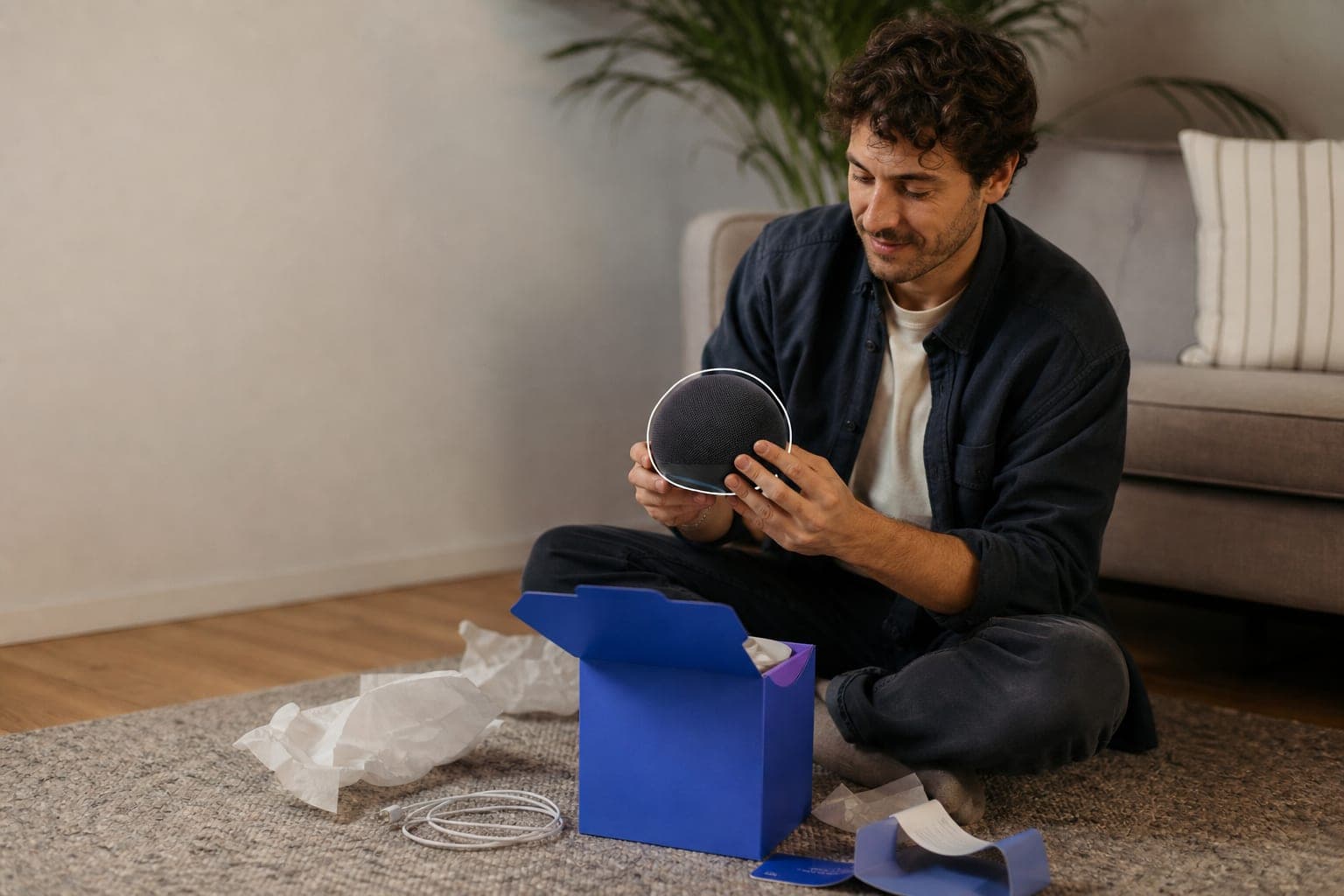 A man at home unboxing and setting up a new smart speaker for the first time.