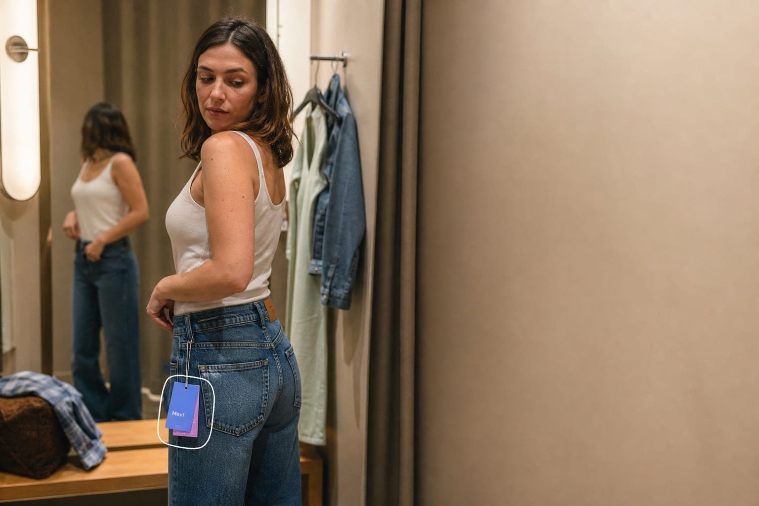 A woman in a fitting room checking the fit of a pair of jeans in the mirror.