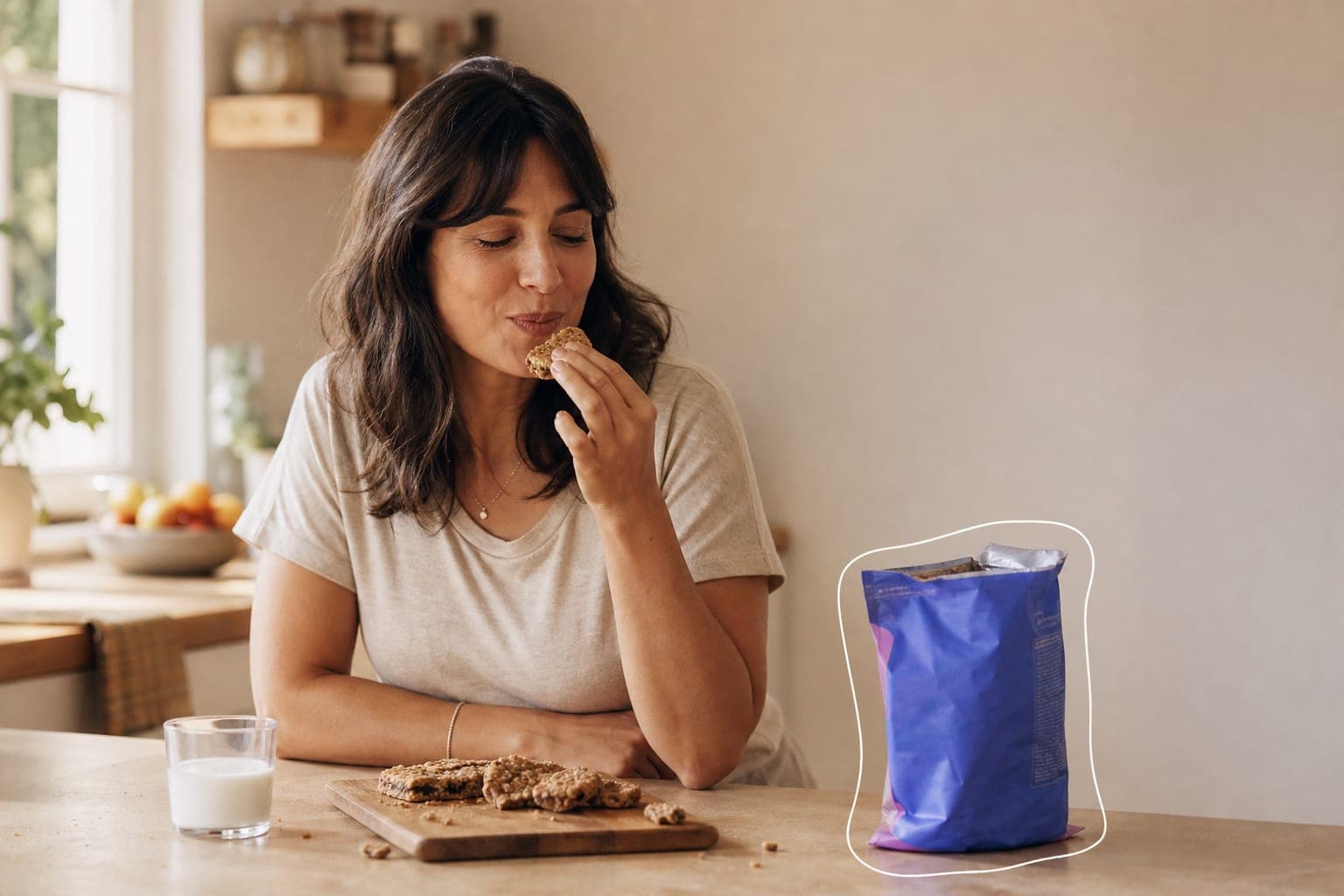 A woman in her kitchen reacting with enjoyment to a snack, its pack open beside her.