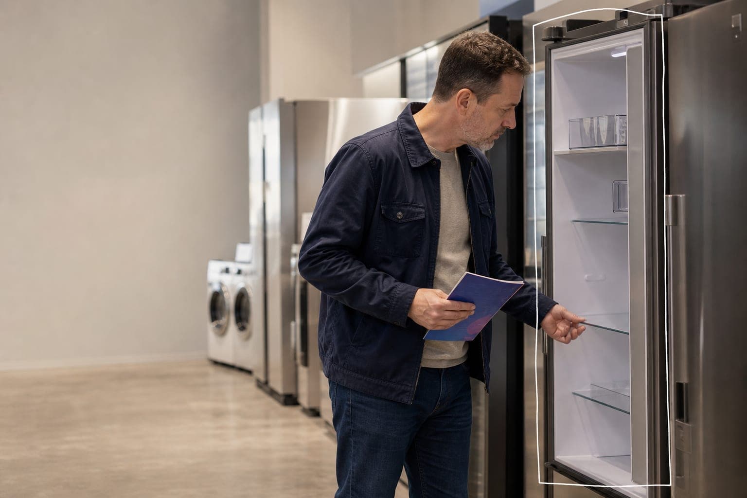 A man in an appliance showroom inspecting a refrigerator while holding its printed spec brochure.