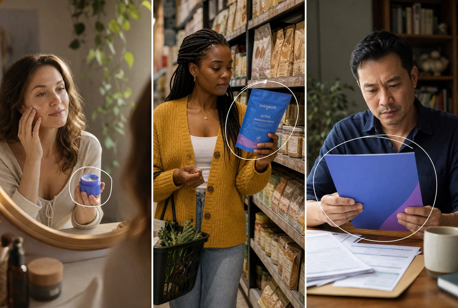 Three real-world research moments across beauty, retail and financial services, each highlighting the product or document the respondent is responding to.