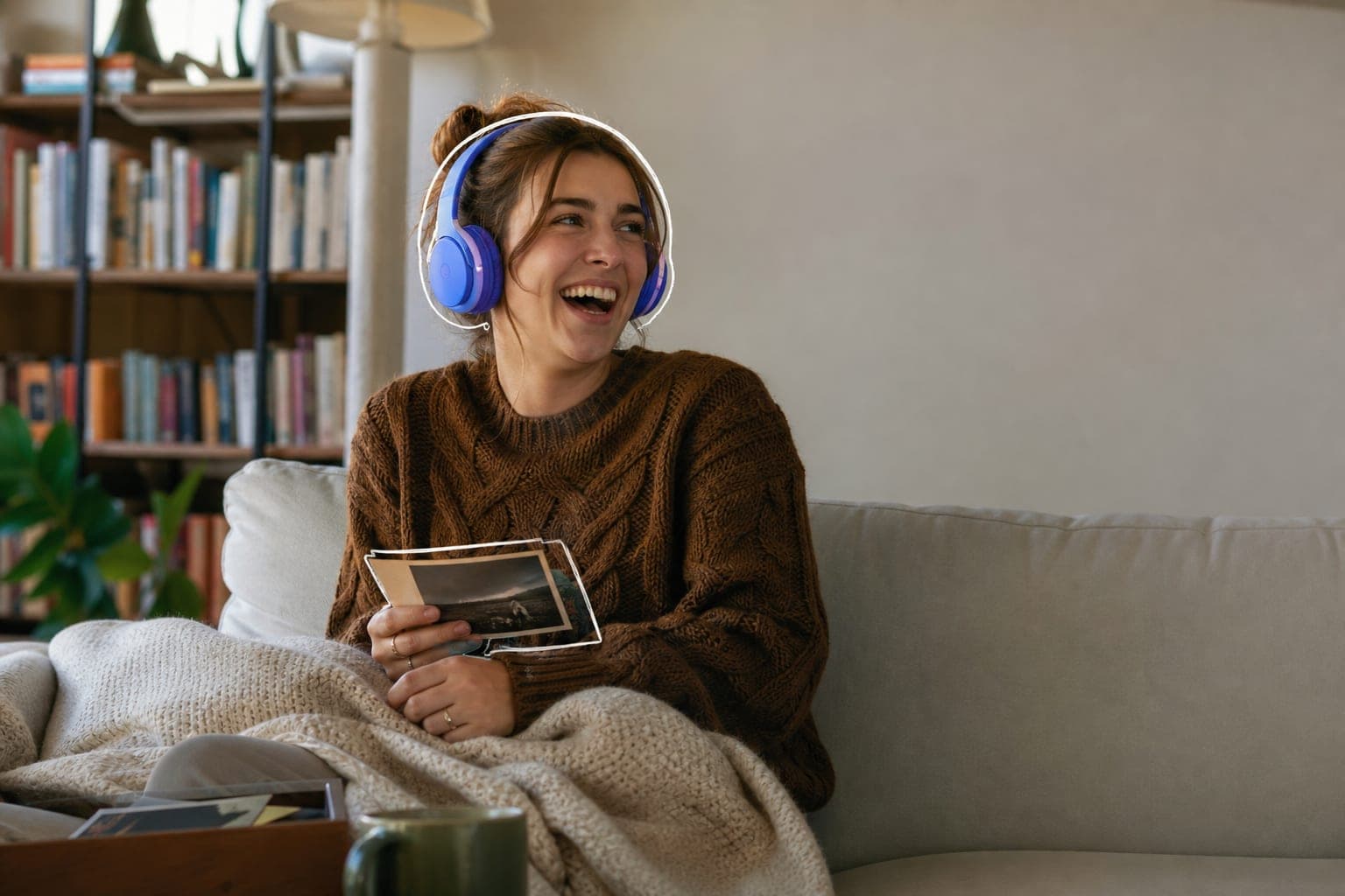 A young woman on her sofa wearing headphones, reacting with delight during a content‑reaction session.