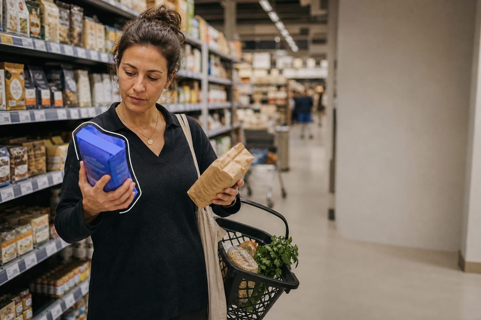 A shopper in a supermarket aisle comparing two products to decide which goes in her basket.