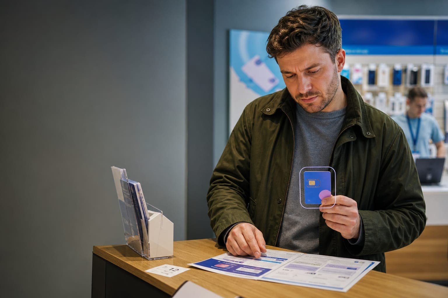 A man at a telecom store counter comparing printed mobile‑plan brochures, a SIM card in hand.
