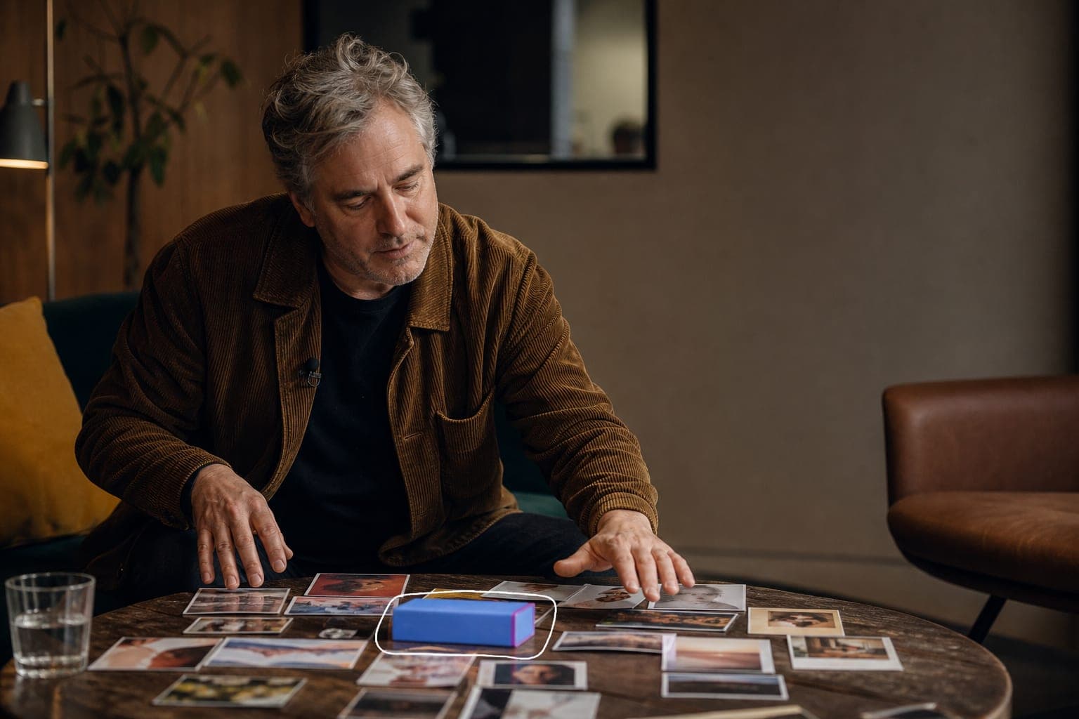 A man arranging brand imagery cards around a product during an interview.