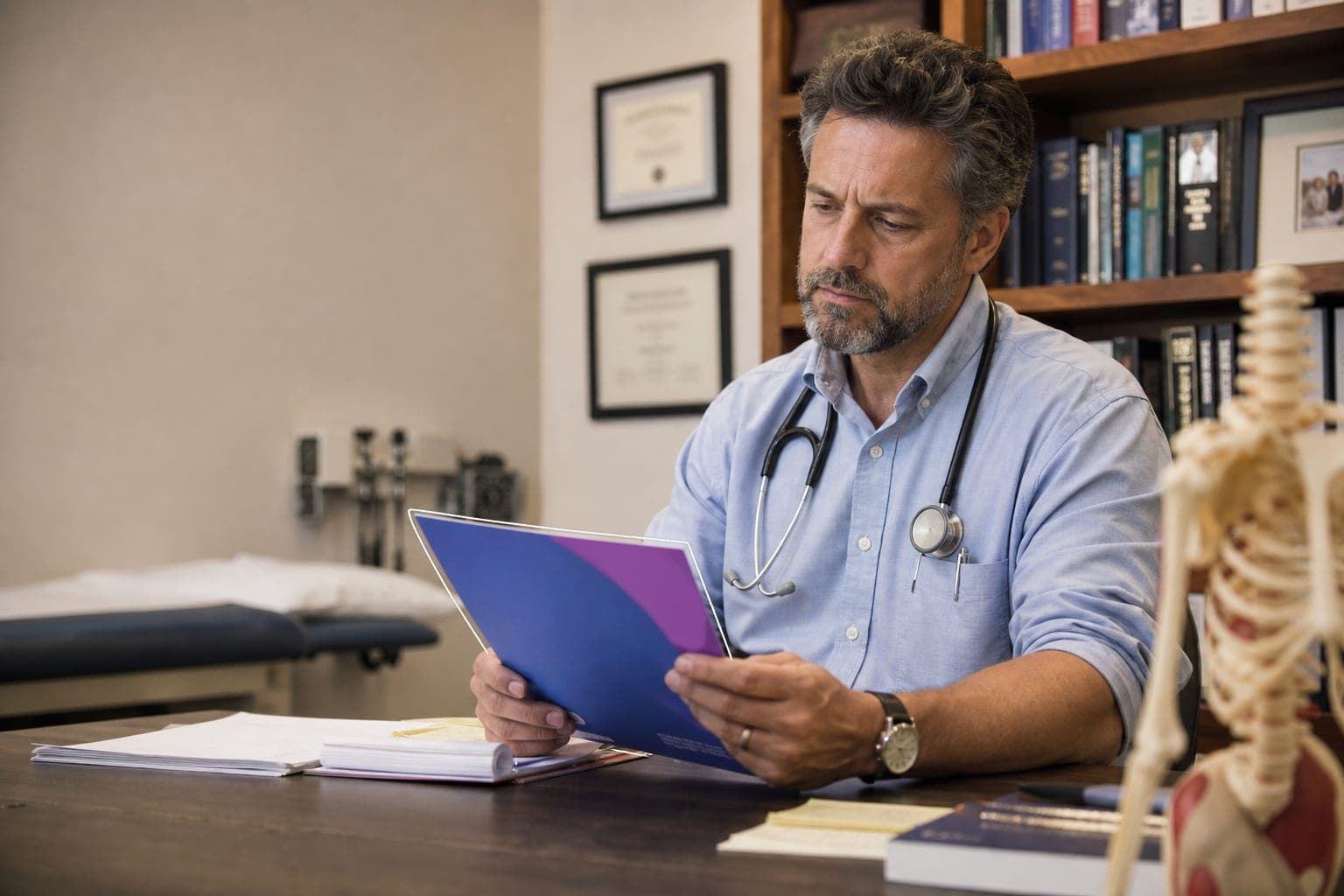 A physician reviewing a printed message narrative and detail aid.