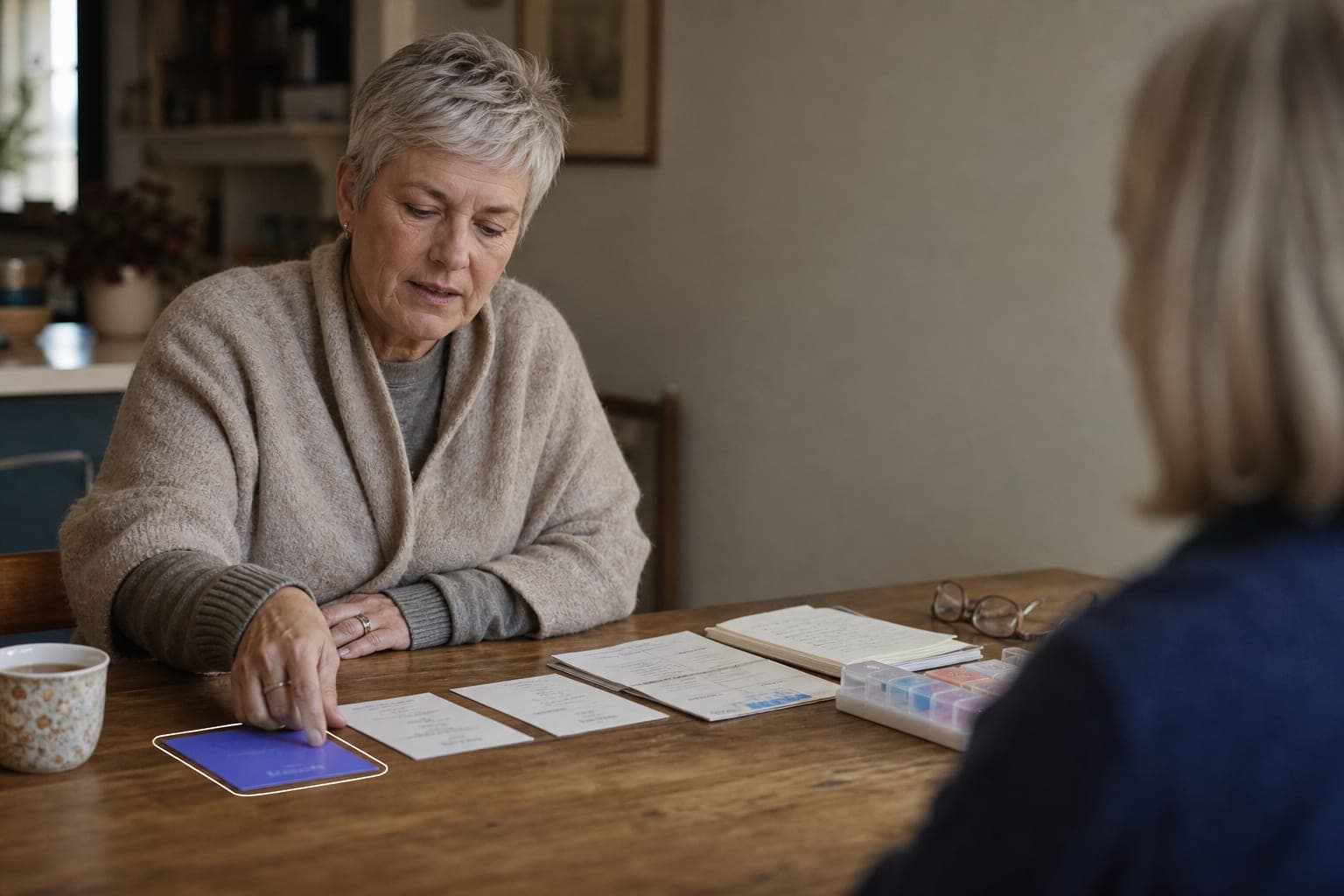 A patient at her kitchen table laying out a timeline of appointments, medication and diary notes to retrace her treatment journey.