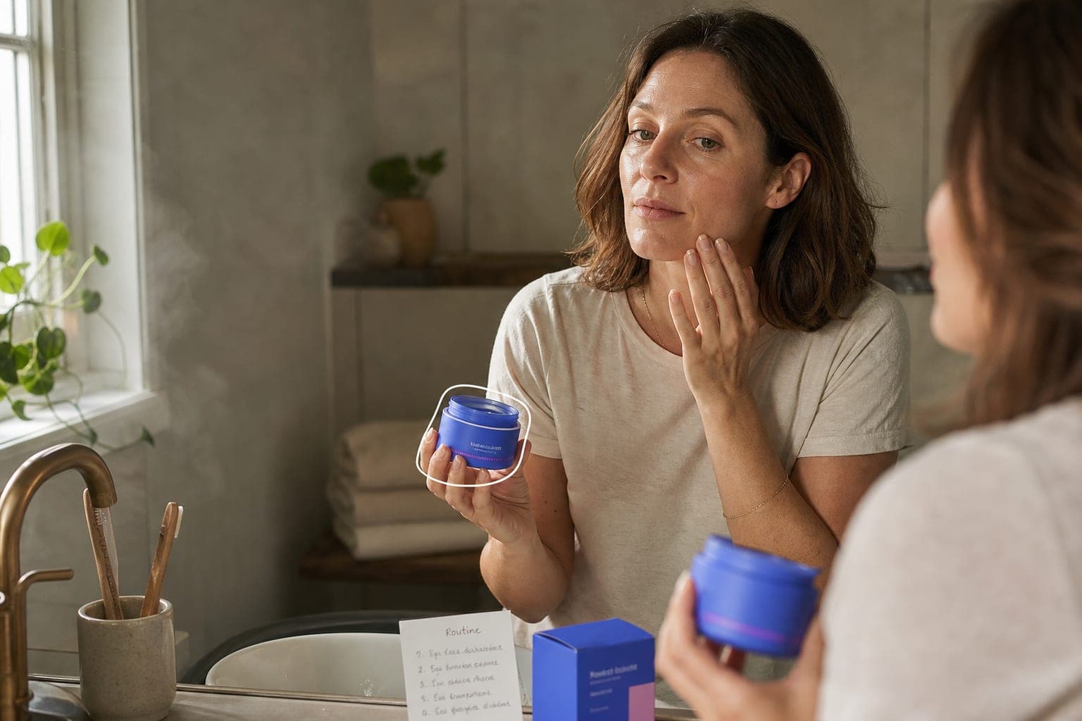 A woman checking her skin during an in-home skincare product trial.