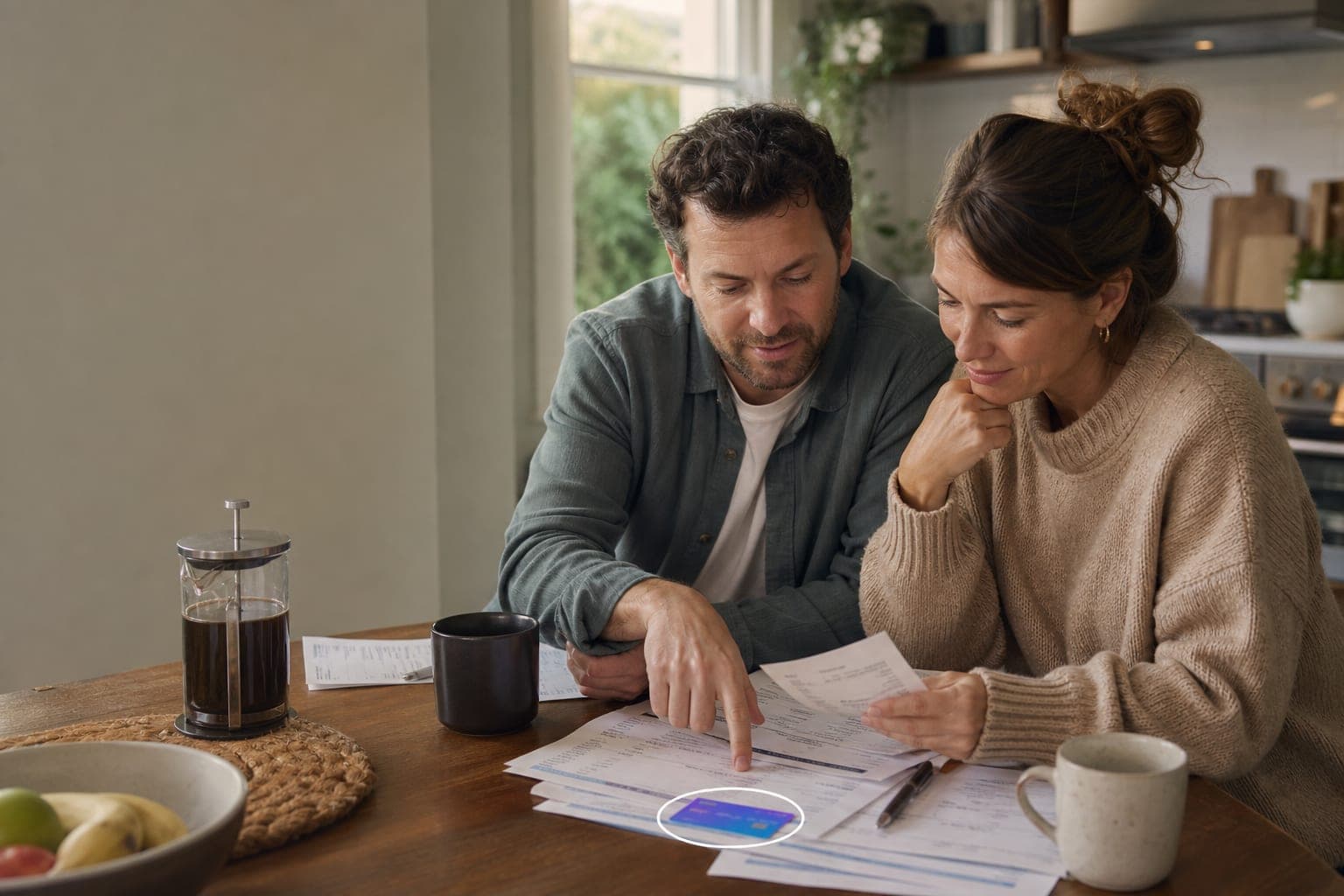A couple reviewing financial choices together at their kitchen table.