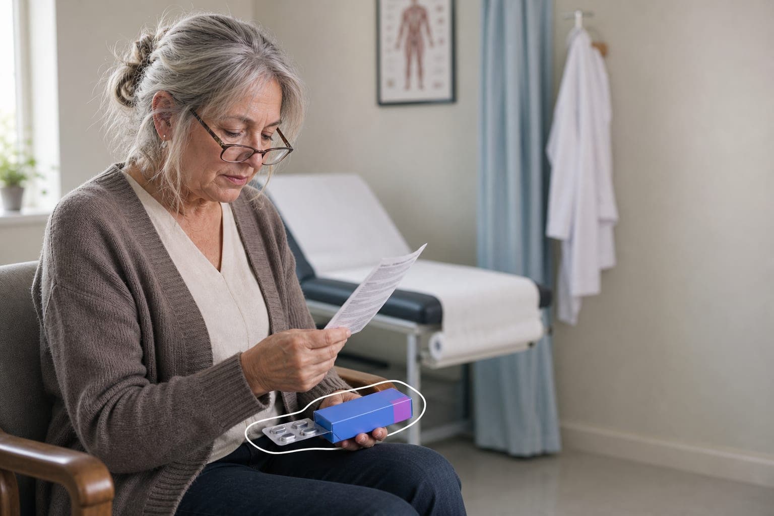 A patient in a clinic consulting room reading the information leaflet for a new medication, a blister pack in hand.