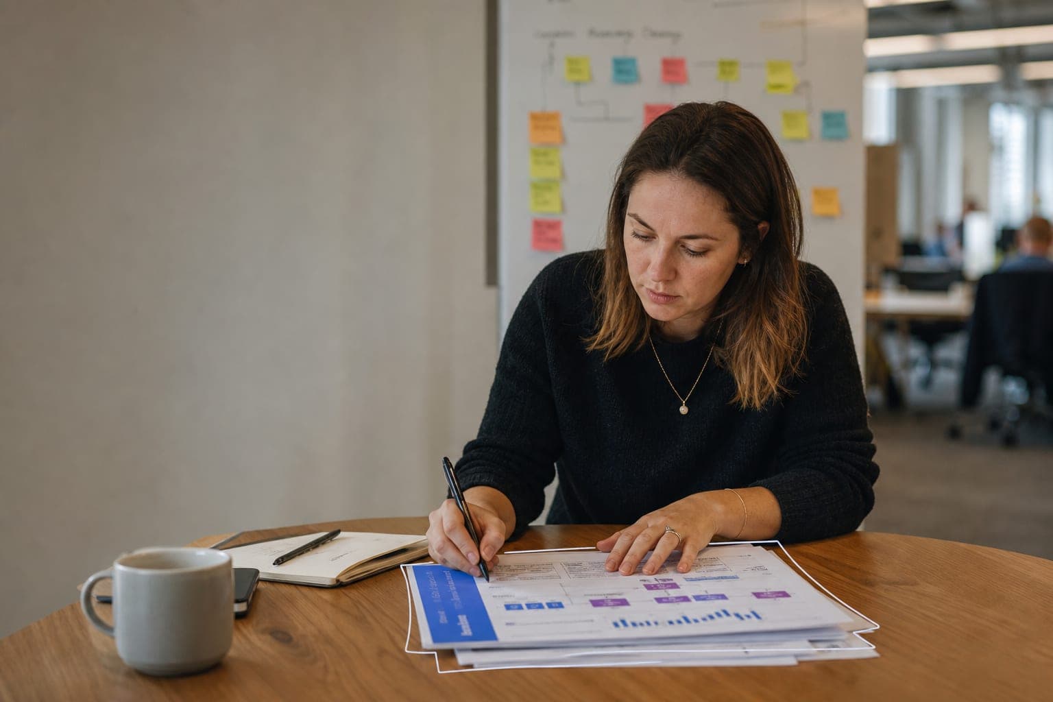 A woman at her desk annotating printed product dashboards and an onboarding flow, sticky notes on a whiteboard behind her.