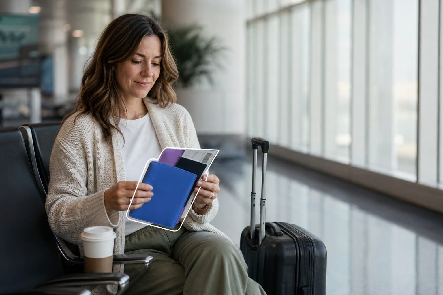 A woman in an airport terminal checking her boarding pass and passport, a suitcase beside her.