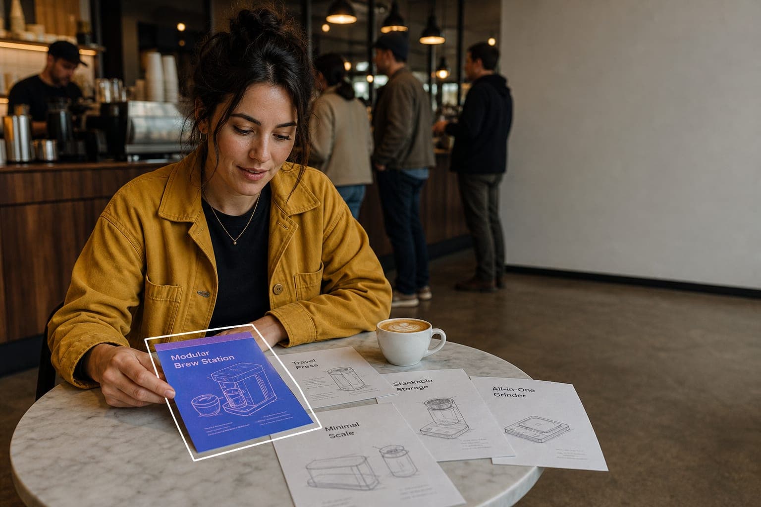 A woman comparing printed product concept boards during a research session.