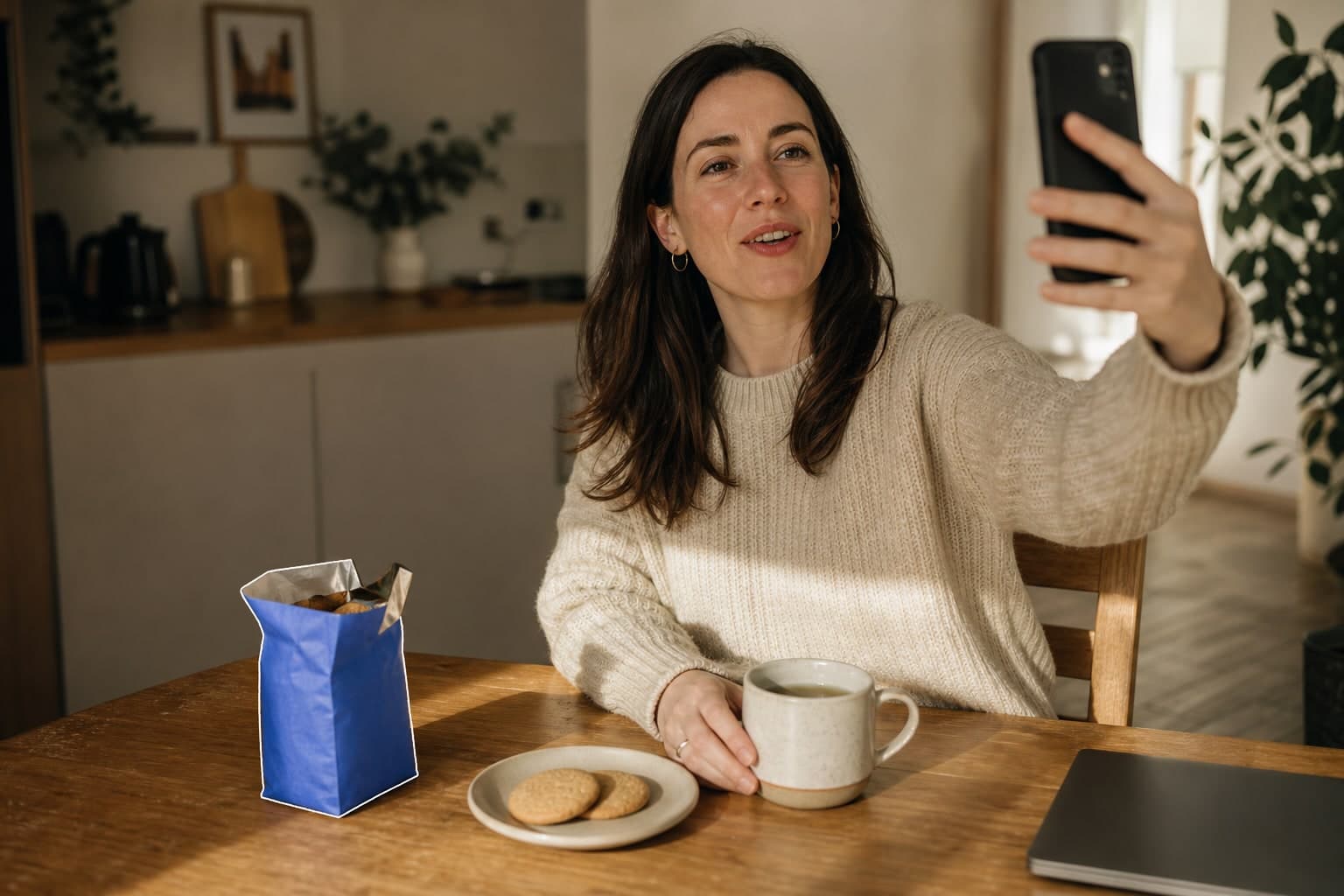 A participant filming a video diary entry on her phone at her kitchen table, beside tea, a closed laptop and a pack of biscuits.