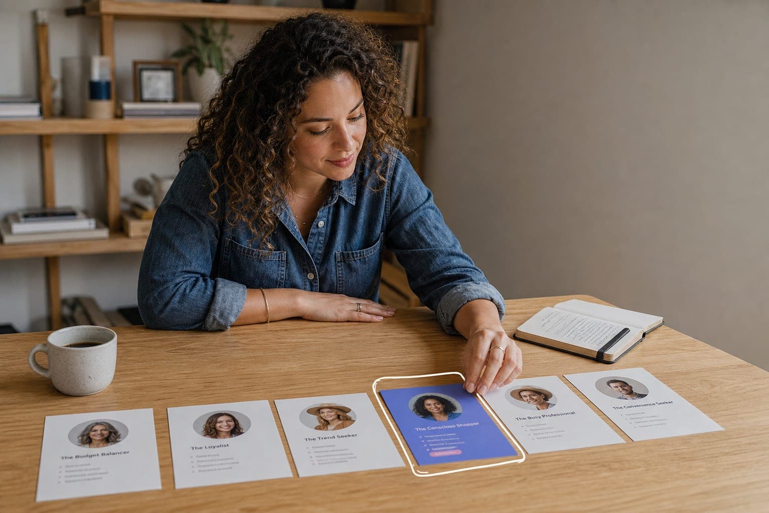 A woman sorting printed persona and customer segment cards.