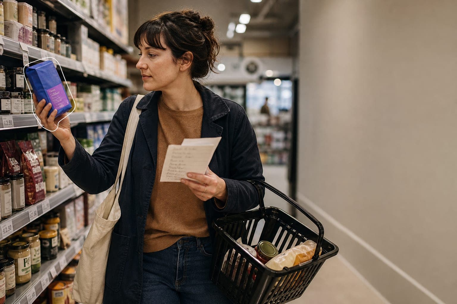A shopper taking a product from a supermarket shelf during a shop-along.