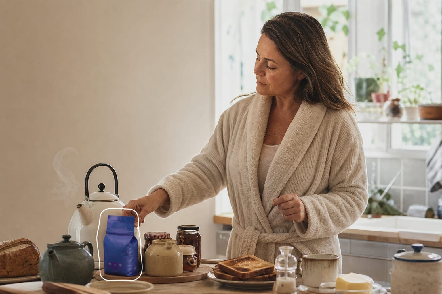 A woman choosing from products in her everyday morning routine.