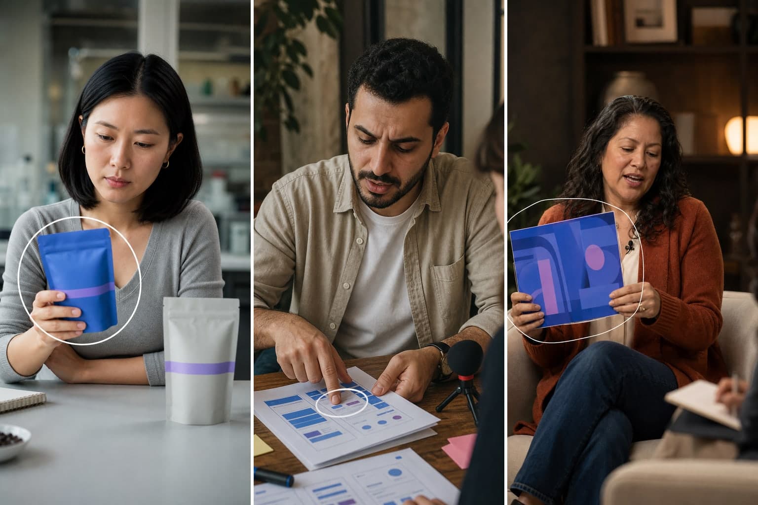 Three research moments showing product comparison, usability testing, and an in-depth interview.